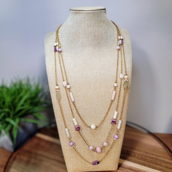 Long layered three stand necklace pink and cream beads on gold tone chains - Picture 8 of 13